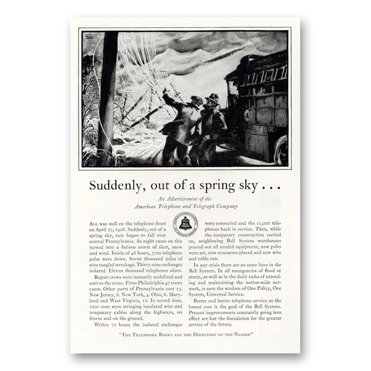 1929 American Telephone Suddenly Out of Spring Sky Vintage Magazine Print Ad