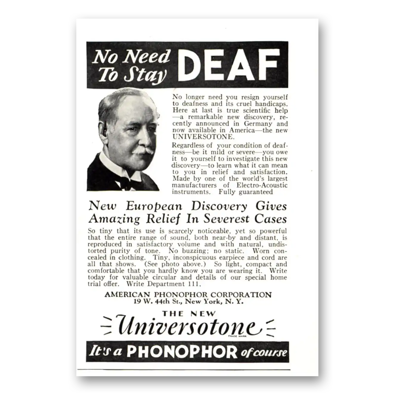 1929 Universotone Hearing Aid No Need To Stay Deaf Vintage Magazine Print Ad