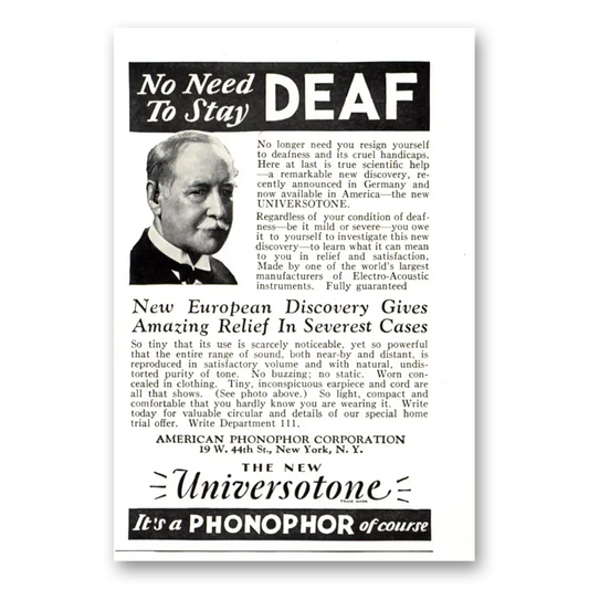 1929 Universotone Hearing Aid No Need To Stay Deaf Vintage Magazine Print Ad