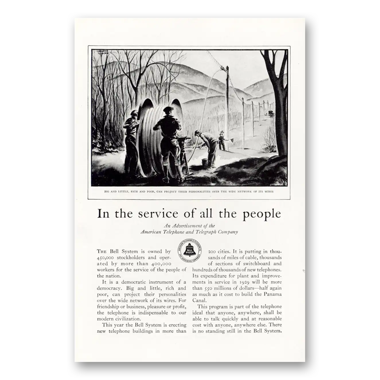 1929 American Telephone Service of All the People Vintage Magazine Print Ad