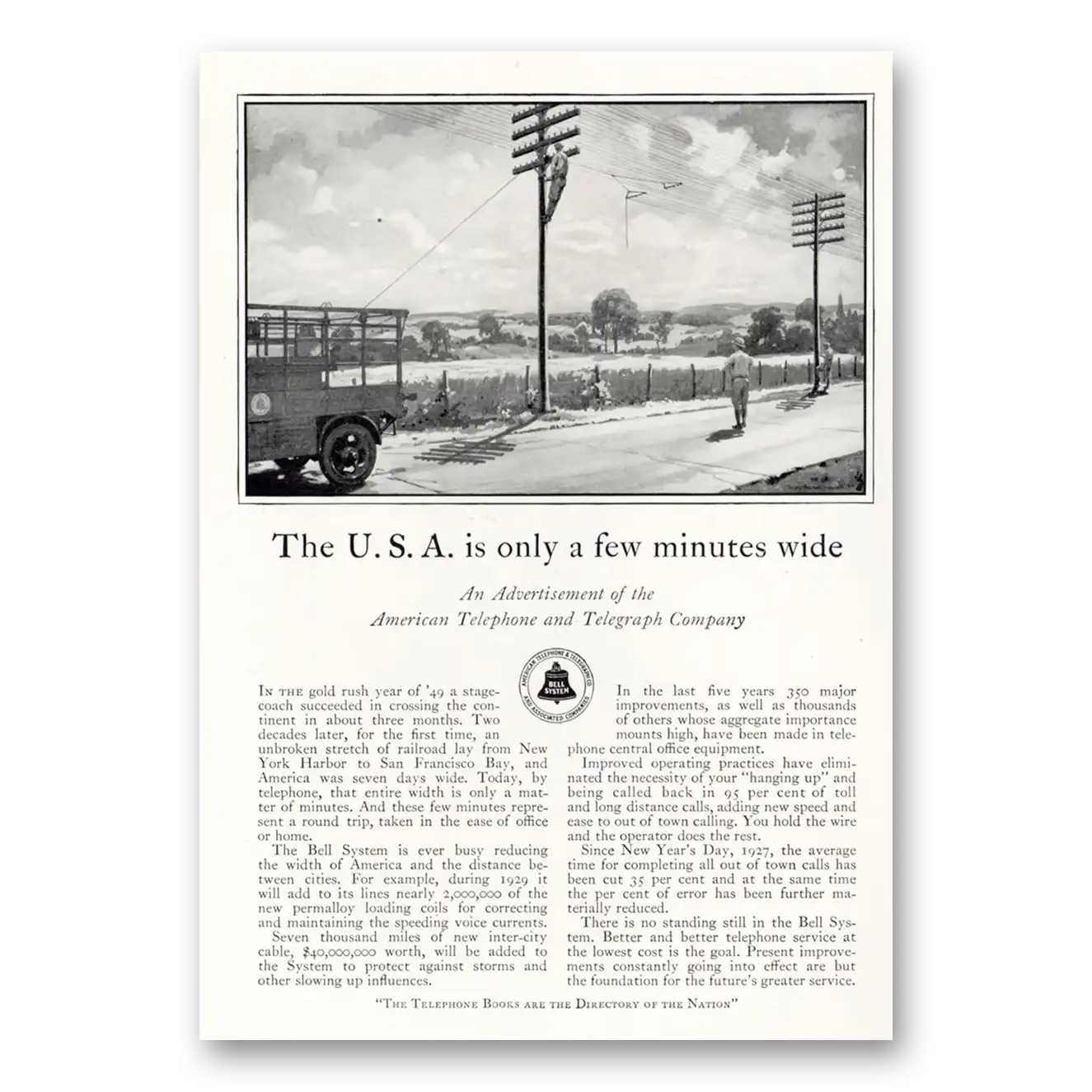 1929 American Telephone USA Is Only a Few Minutes Wide Vintage Magazine Print Ad