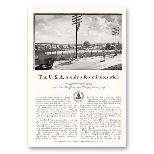 1929 American Telephone USA Is Only a Few Minutes Wide Vintage Magazine Print Ad