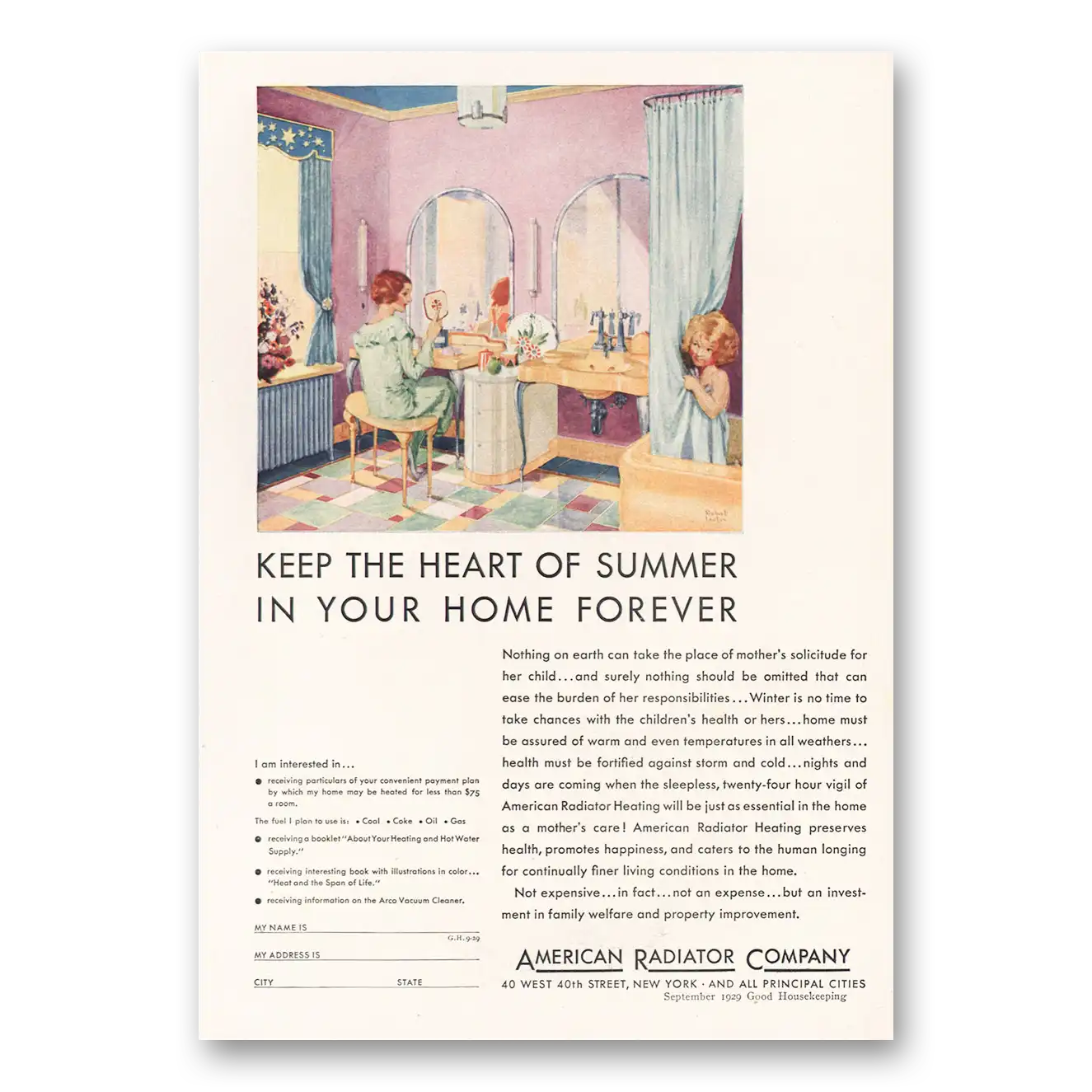 1929 American Radiator Keep the Heart of Summer In Your Home Forever Vintage Magazine Print Ad