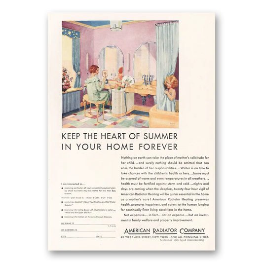 1929 American Radiator Keep the Heart of Summer In Your Home Forever Vintage Magazine Print Ad