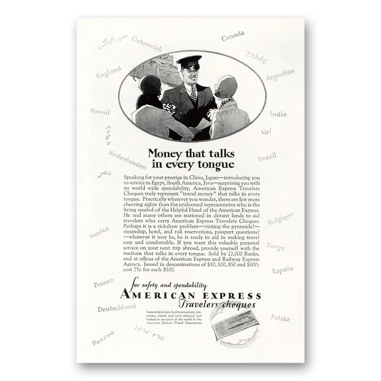 1929 American Express Travelers Cheques Talks In Every Tongue Vintage Magazine Print Ad