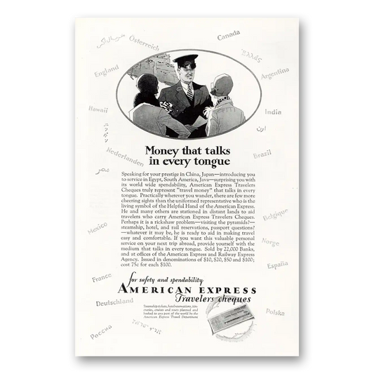 1929 American Express Travelers Cheques Talks In Every Tongue Vintage Magazine Print Ad