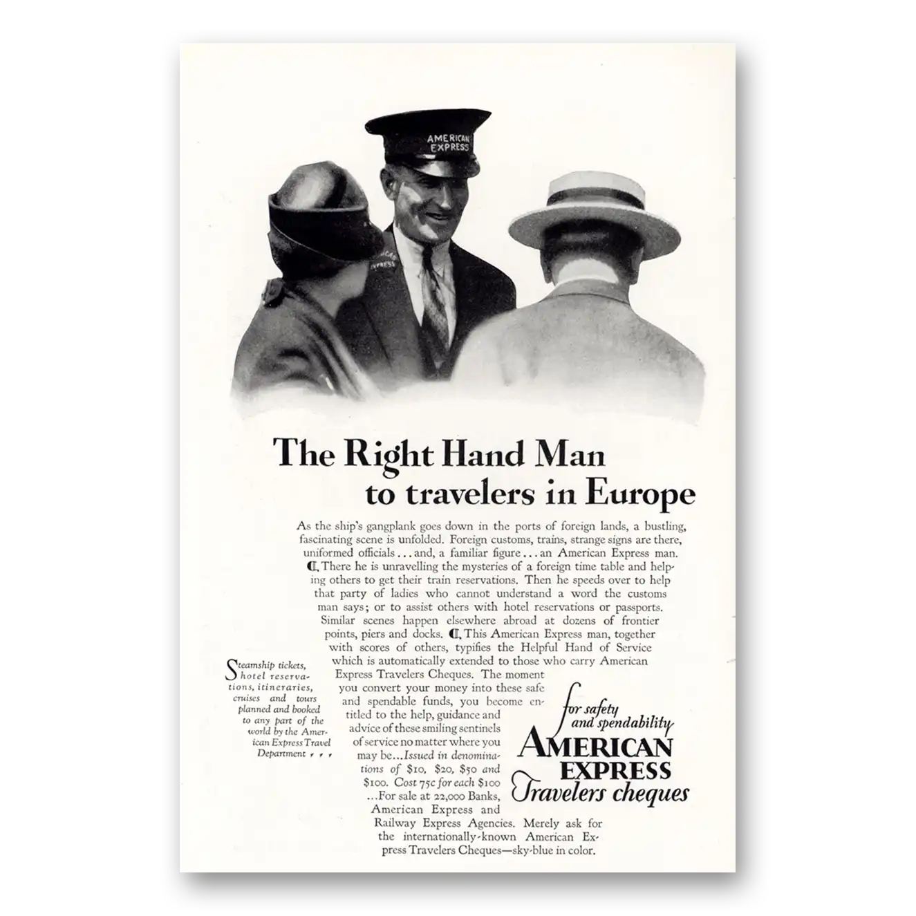 1929 American Express Travelers Cheques Right Hand Man Vintage Magazine Print Ad