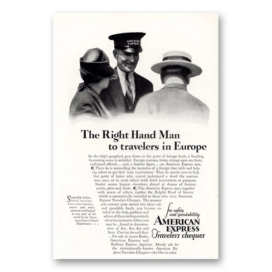 1929 American Express Travelers Cheques Right Hand Man Vintage Magazine Print Ad