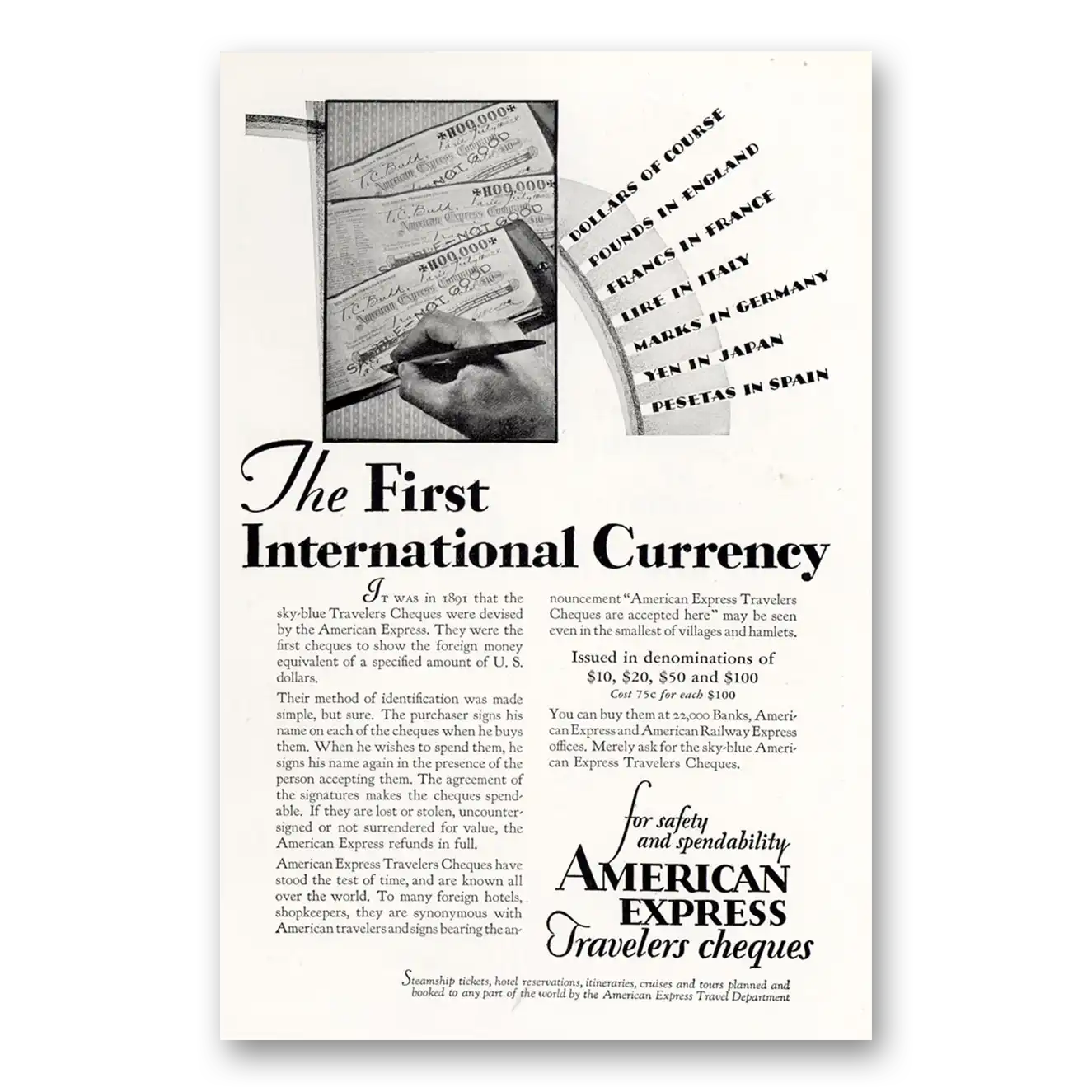 1929 American Express Travelers Cheques First International Currency Vintage Magazine Print Ad