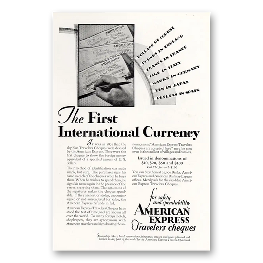 1929 American Express Travelers Cheques First International Currency Vintage Magazine Print Ad