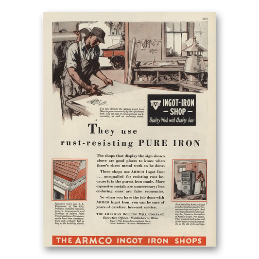 1929 Armco Ingot Iron Shop Ingot Iron Shops Rust Resisting Pure Iron Vintage Magazine Print Ad