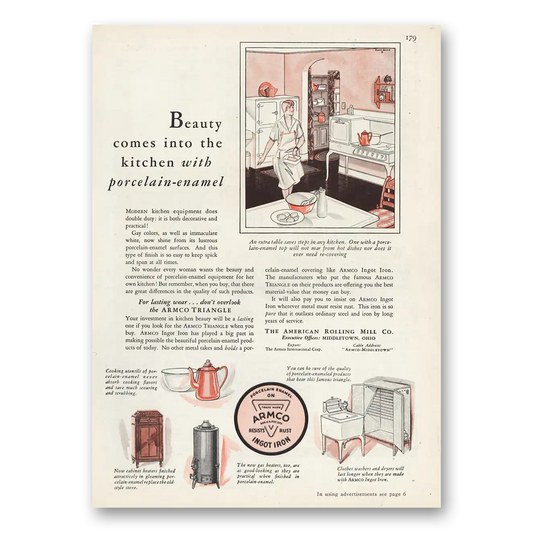 1929 Armco Ingot Iron Shop Beauty Comes Into the Kitchen Porcelain Enamel Vintage Magazine Print Ad