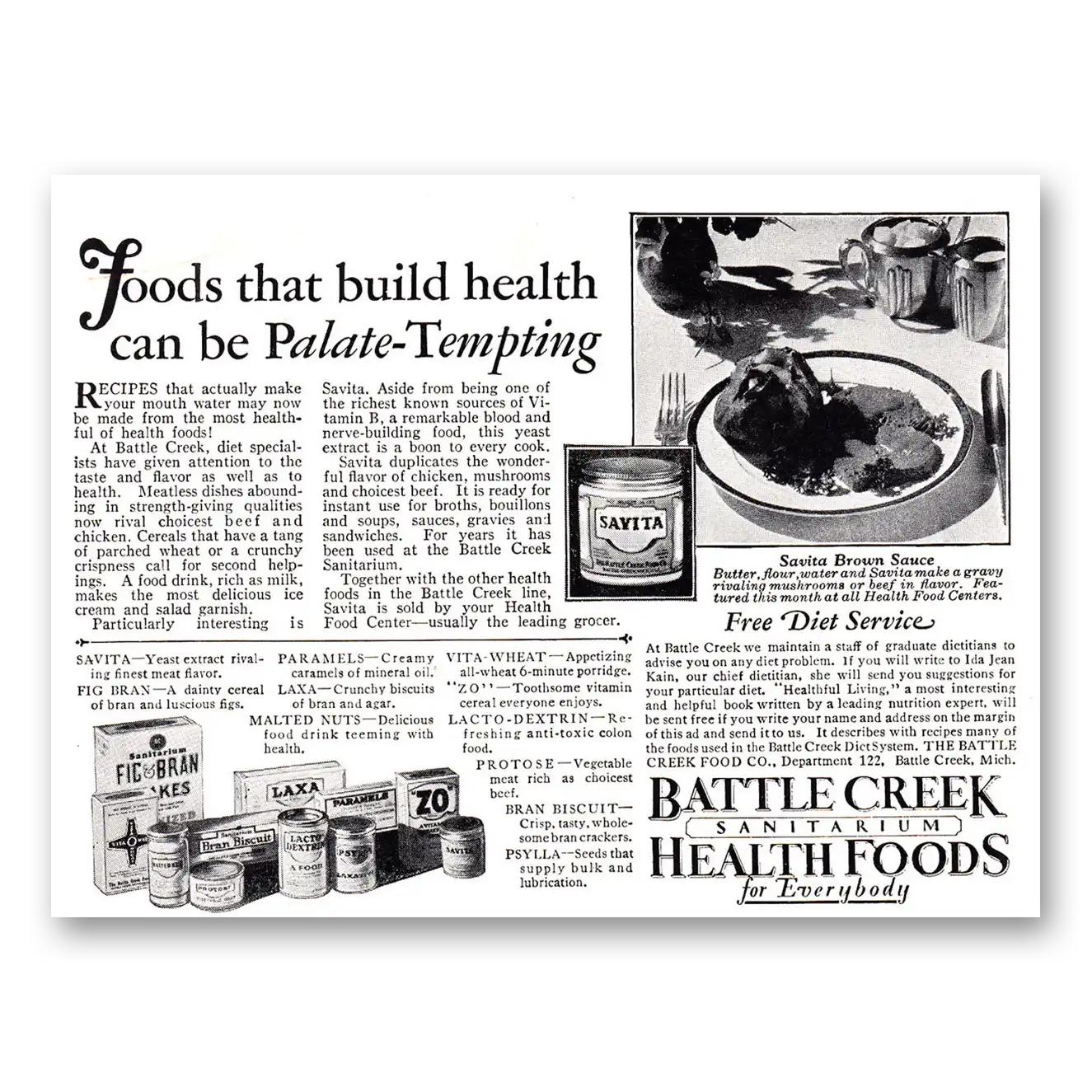 1929 Battle Creek Health Foods Build Health Can Be Palate Tempting Vintage Magazine Print Ad