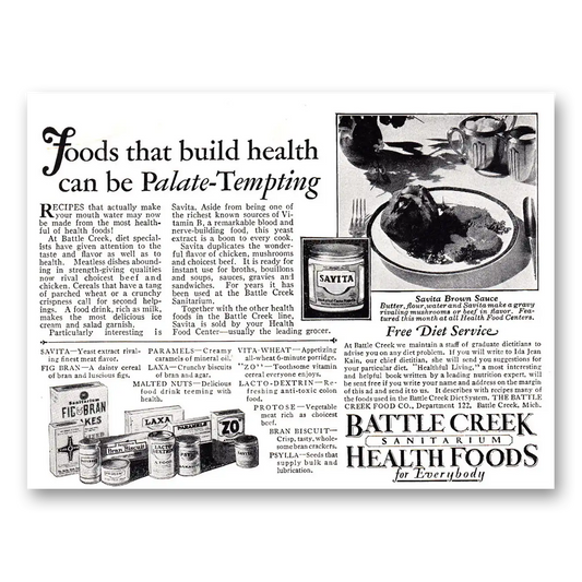 1929 Battle Creek Health Foods Build Health Can Be Palate Tempting Vintage Magazine Print Ad