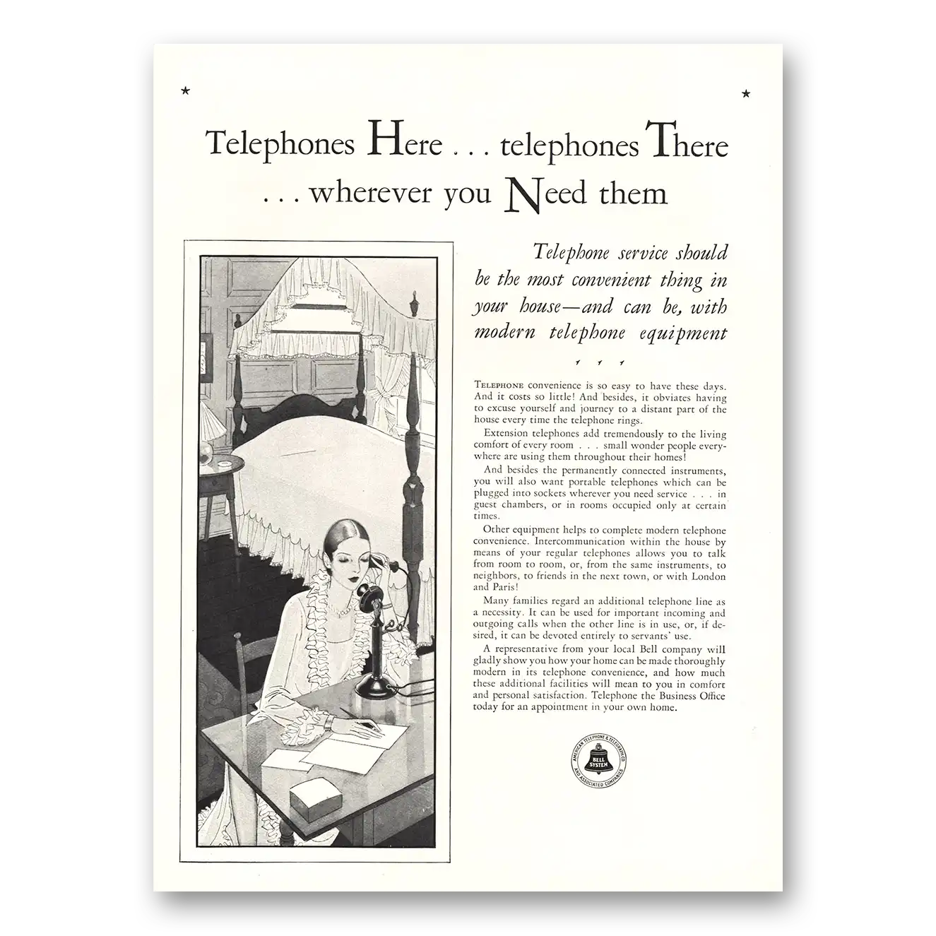 1929 Bell Telephone Telephones Here Telephones There Vintage Magazine Print Ad