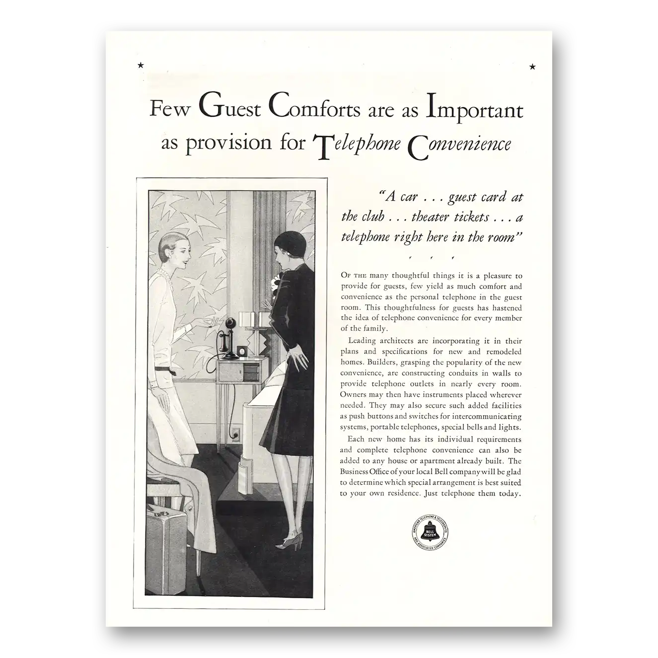 1929 Bell Telephone Guest Comforts Vintage Magazine Print Ad