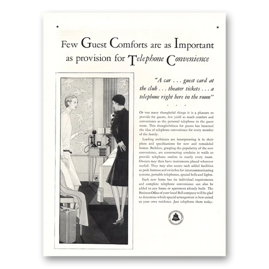 1929 Bell Telephone Guest Comforts Vintage Magazine Print Ad