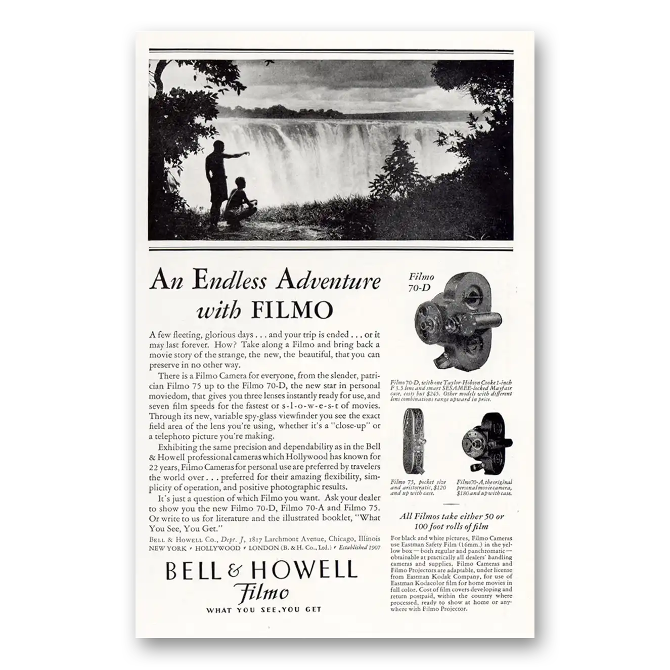 1929 Filmo Camera Endless Adventure Vintage Magazine Print Ad