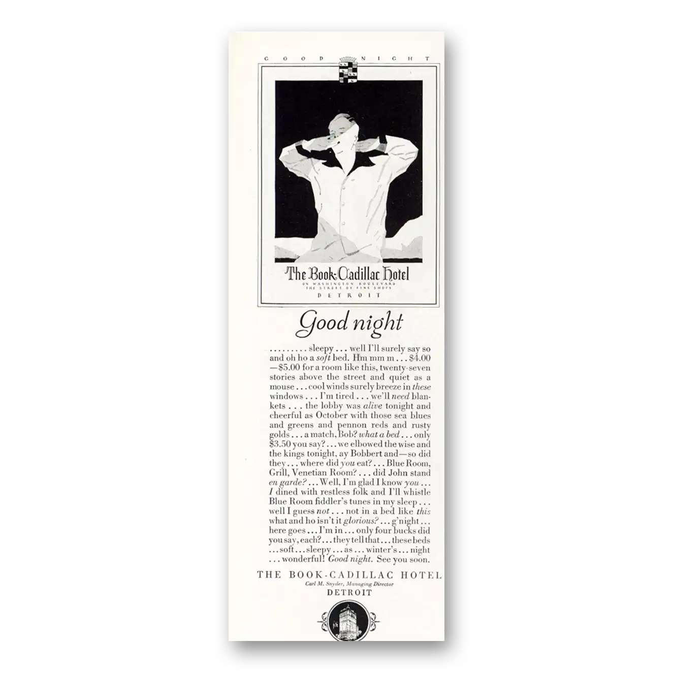 1929 Book Cadillac Hotel Good Night Sleepy Vintage Magazine Print Ad