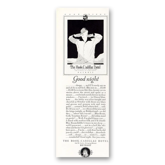 1929 Book Cadillac Hotel Good Night Sleepy Vintage Magazine Print Ad