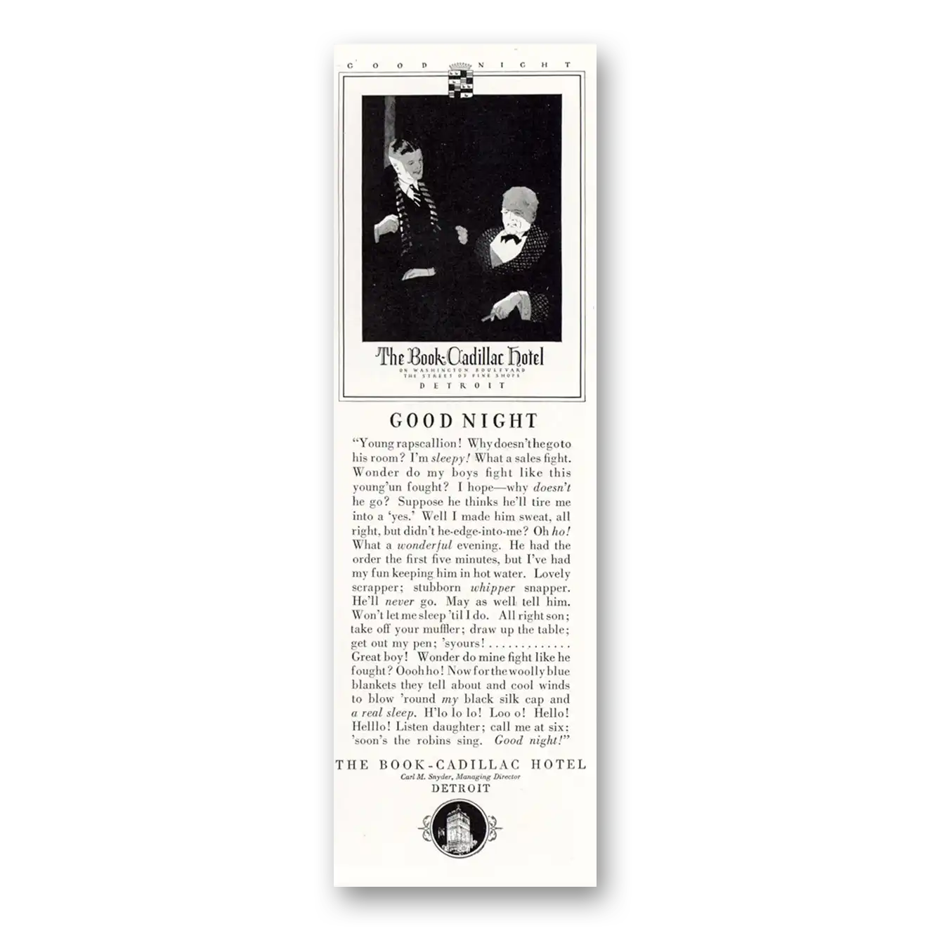 1929 Book Cadillac Hotel Goodnight Young Rapscallion Vintage Magazine Print Ad