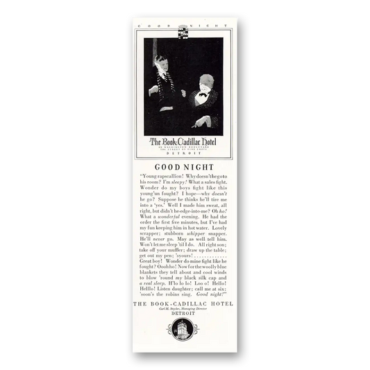 1929 Book Cadillac Hotel Goodnight Young Rapscallion Vintage Magazine Print Ad