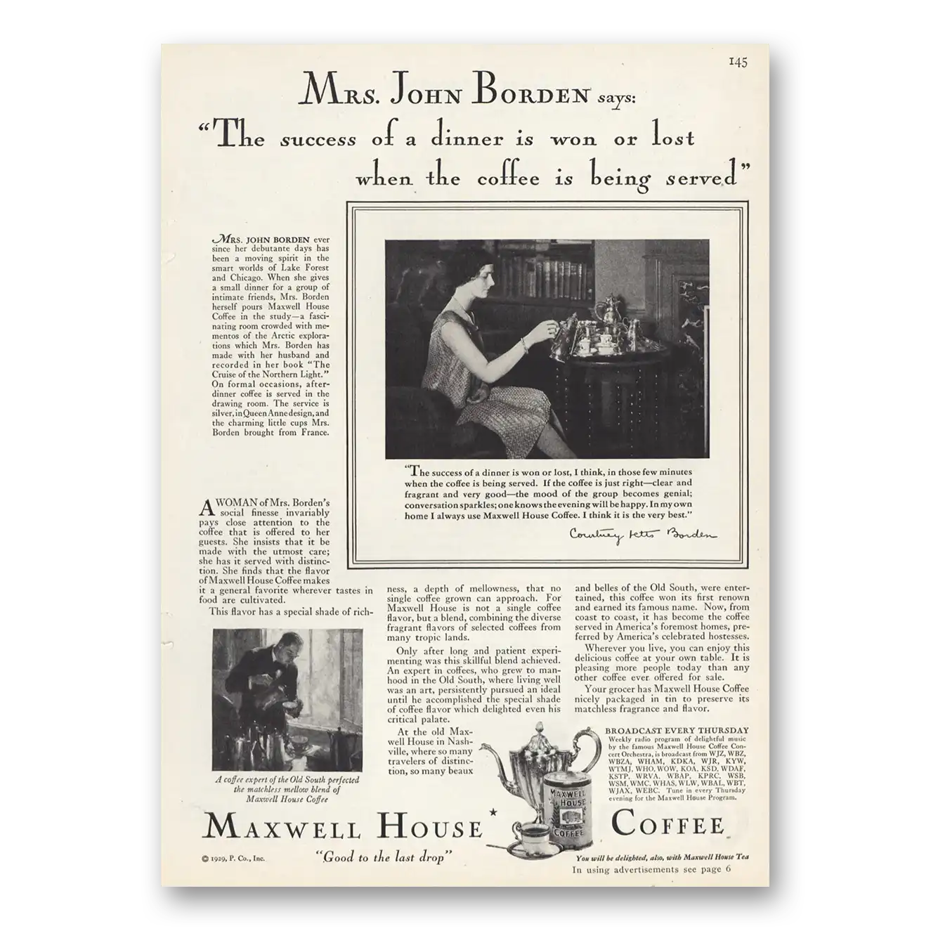 1929 Maxwell House Coffee Mrs John Borden Vintage Magazine Print Ad