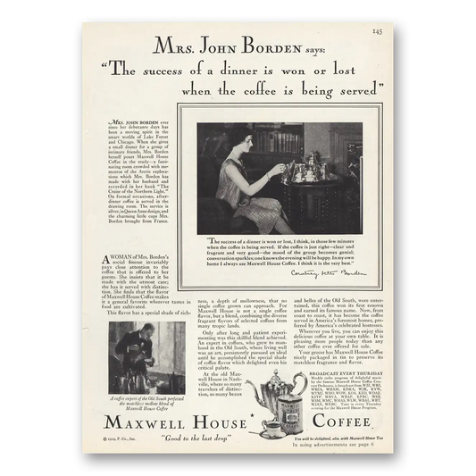 1929 Maxwell House Coffee Mrs John Borden Vintage Magazine Print Ad