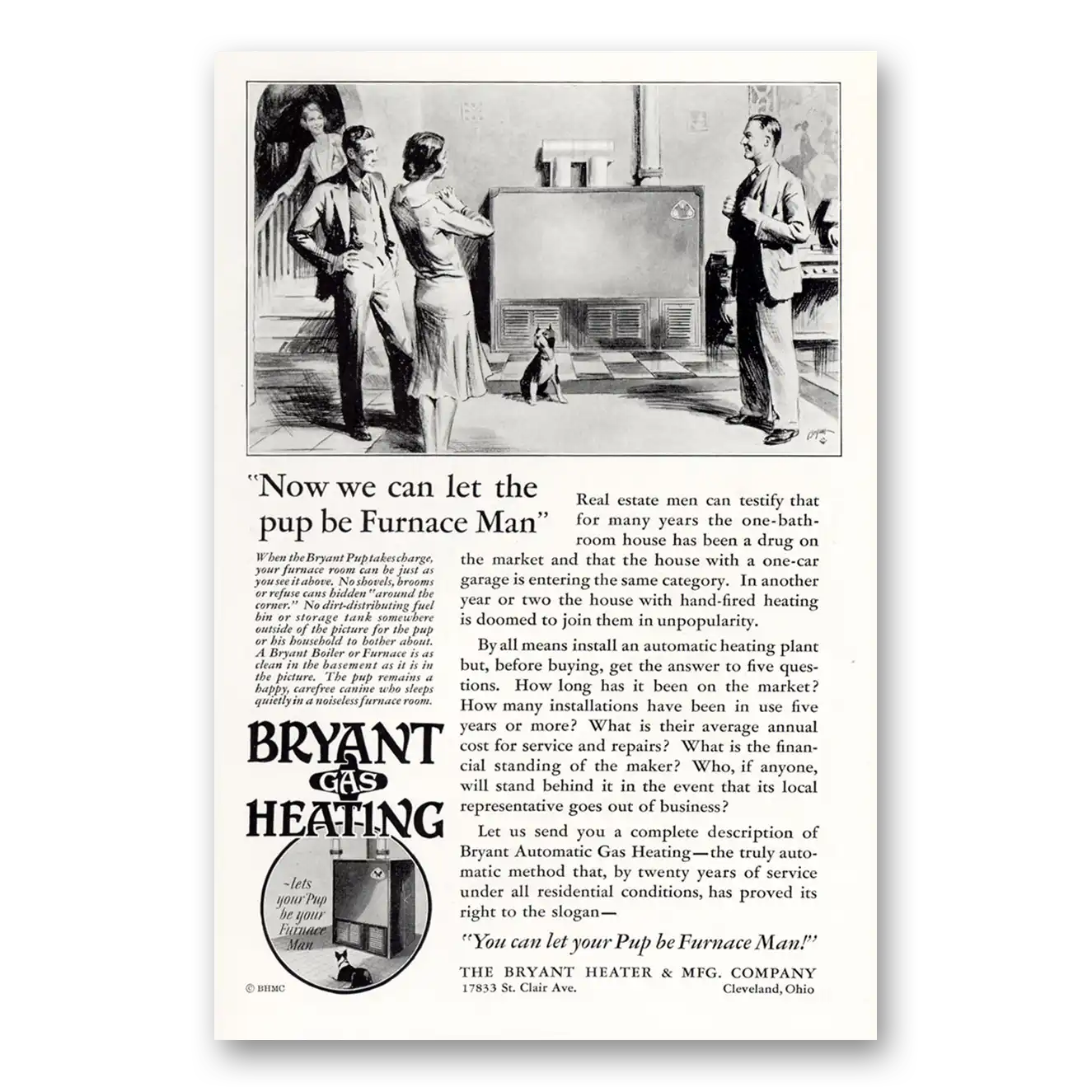 1929 Bryant Gas Heating We Can Let the Pup Be Furnace Man Vintage Magazine Print Ad