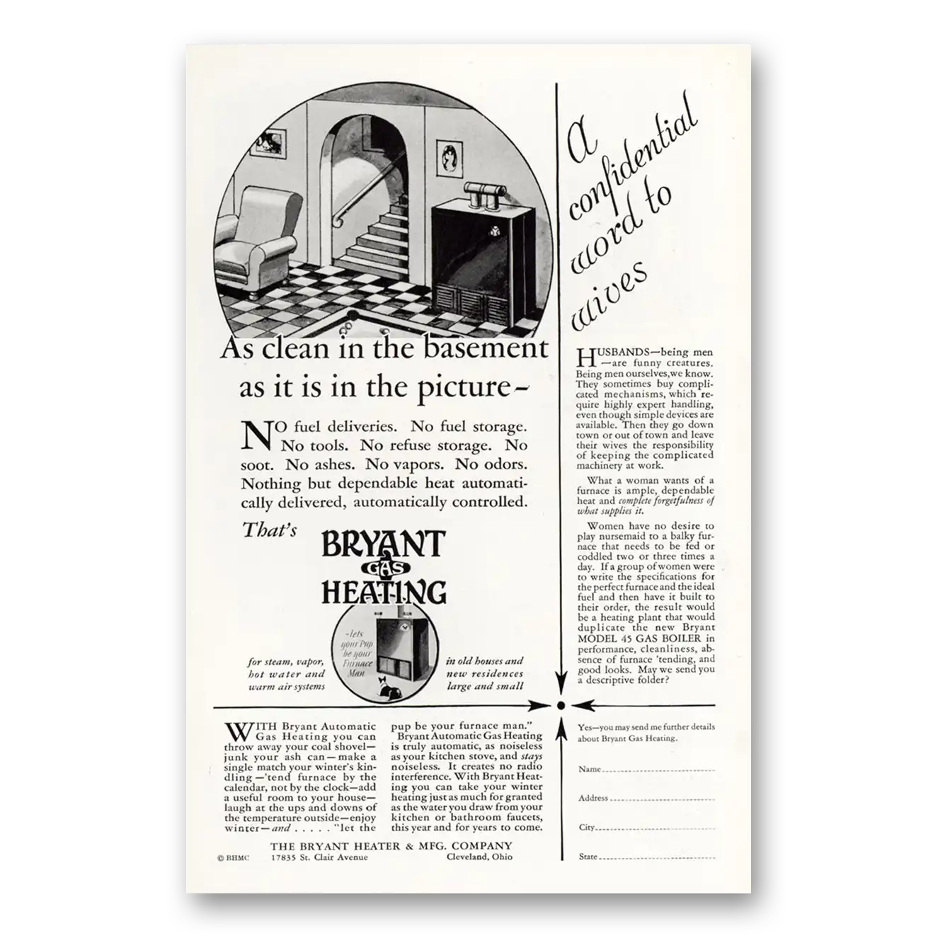 1929 Bryant Gas Heating As Clean In the Basement Vintage Magazine Print Ad