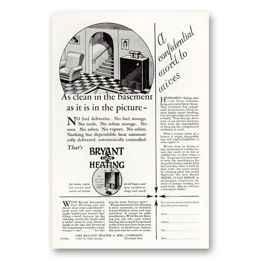 1929 Bryant Gas Heating As Clean In the Basement Vintage Magazine Print Ad