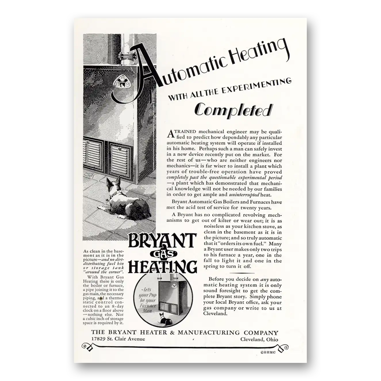 1929 Bryant Gas Heating All the Experimenting Completed Vintage Magazine Print Ad