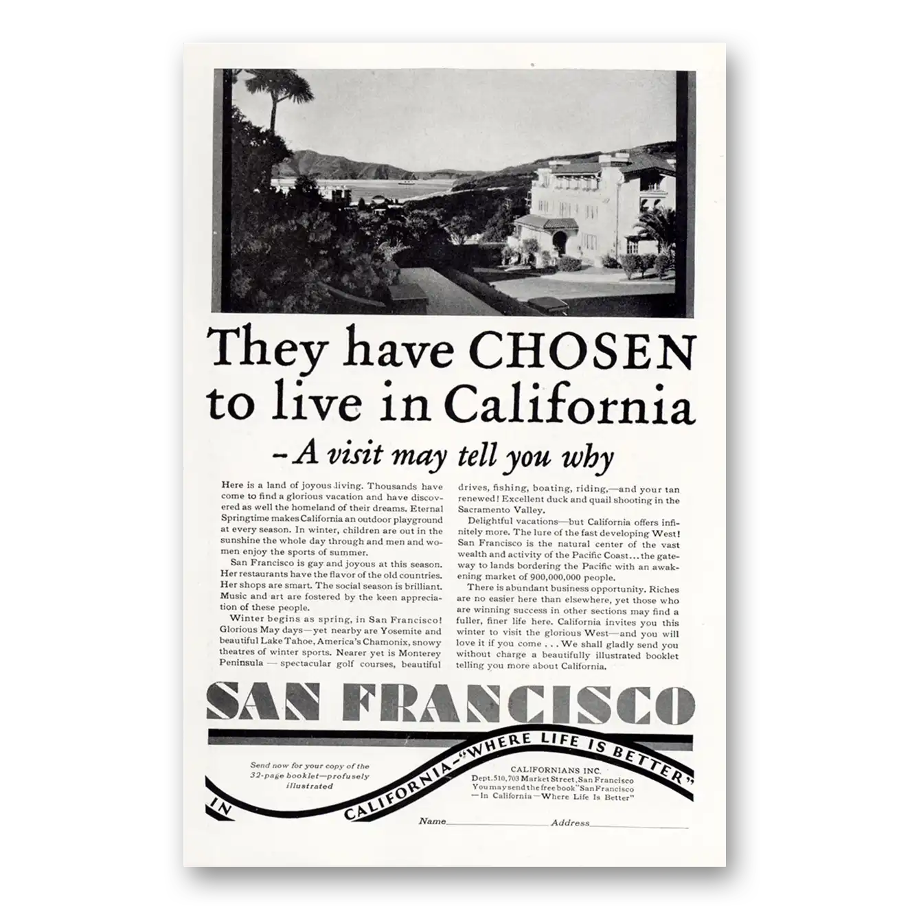 1929 San Francisco California Chosen To Live In California Vintage Magazine Print Ad