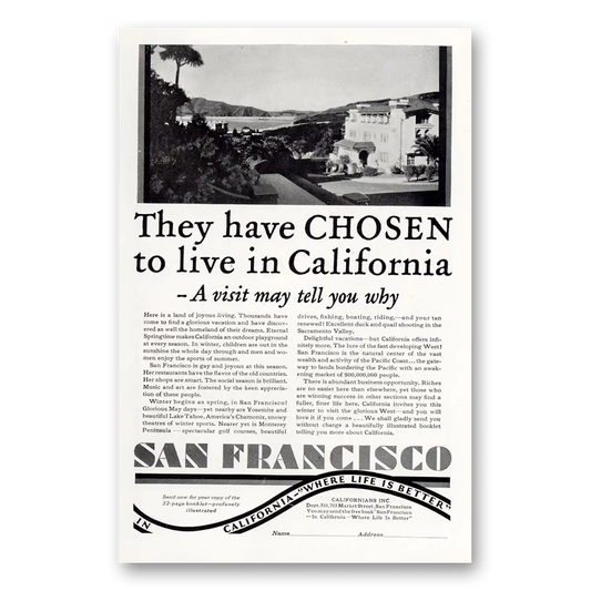 1929 San Francisco California Chosen To Live In California Vintage Magazine Print Ad