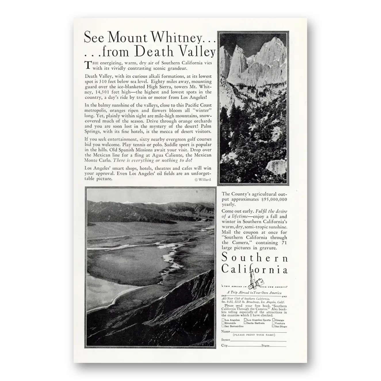 1929 Southern California Mount Whitney From Death Valley Vintage Magazine Print Ad