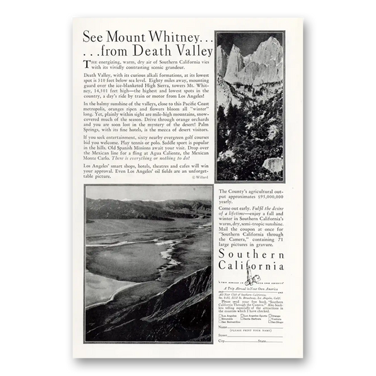 1929 Southern California Mount Whitney From Death Valley Vintage Magazine Print Ad