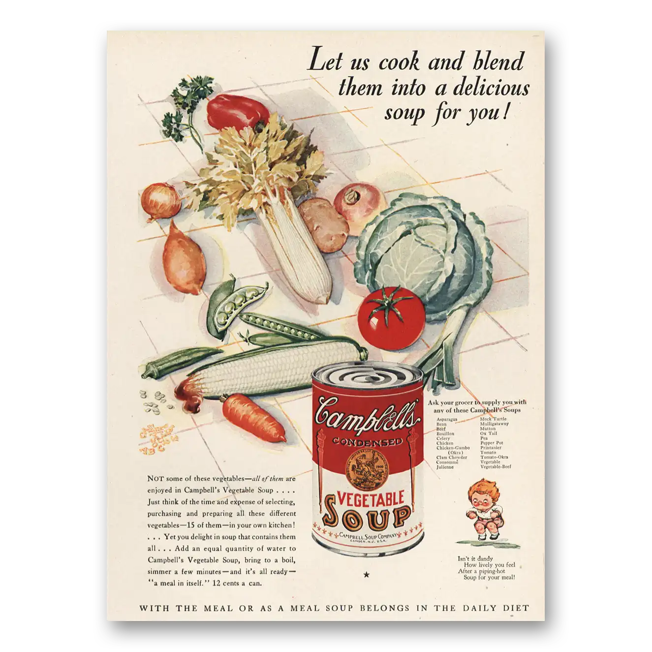 1929 Campbells Vegetable Soup Let Us Cook and Blend Vintage Magazine Print Ad