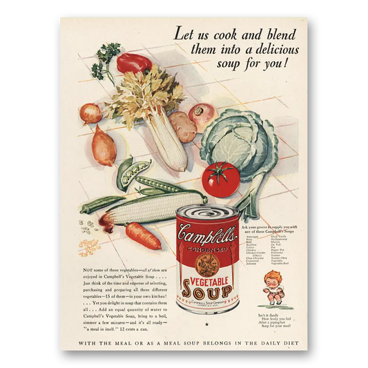 1929 Campbells Vegetable Soup Let Us Cook and Blend Vintage Magazine Print Ad