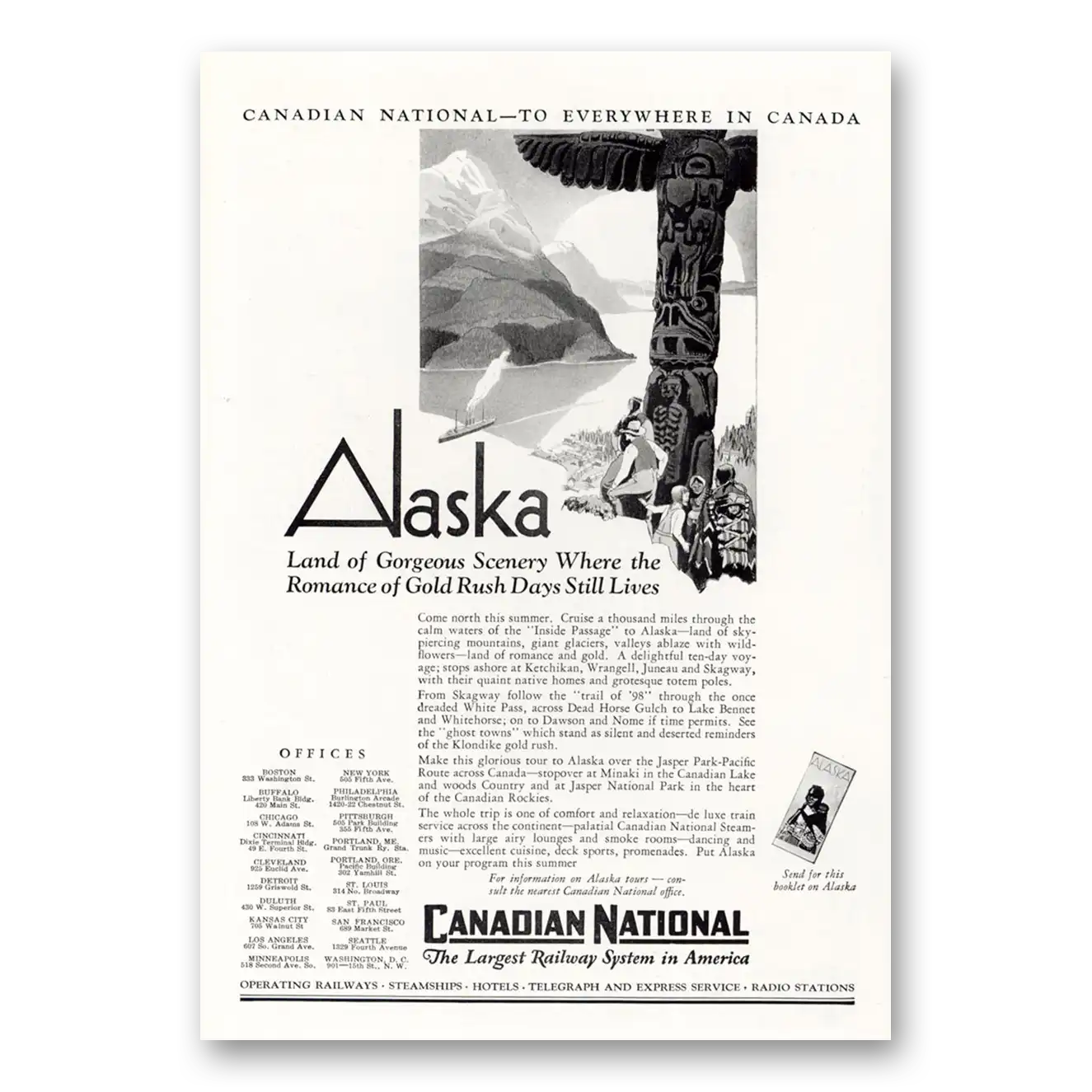 1929 Canadian National Railways Alaska Land of Gorgeous Scenery Vintage Magazine Print Ad