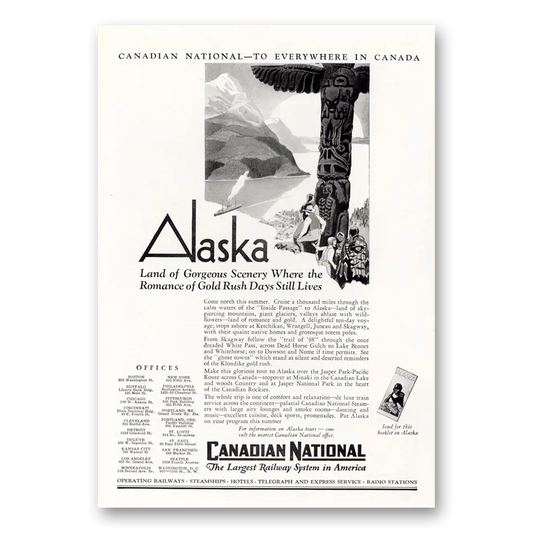 1929 Canadian National Railways Alaska Land of Gorgeous Scenery Vintage Magazine Print Ad