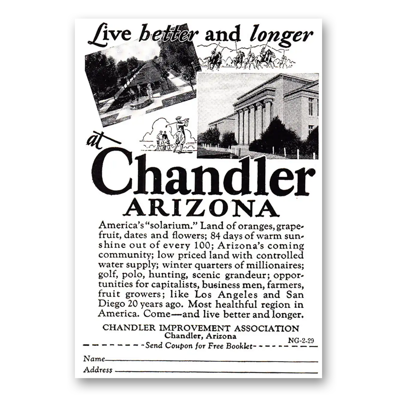 1929 Chandler Arizona Live Better and Longer Vintage Magazine Print Ad