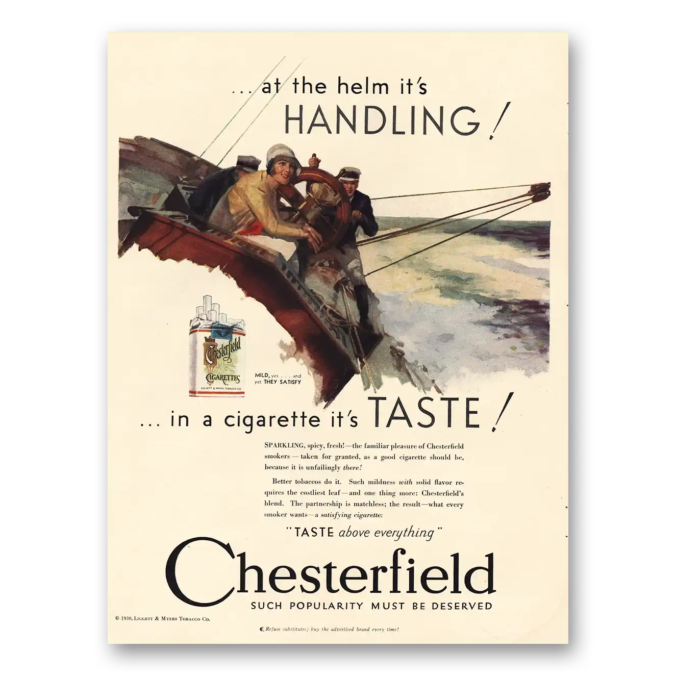 1929 Chesterfield Cigarettes At the Helm Its Handling Vintage Magazine Print Ad