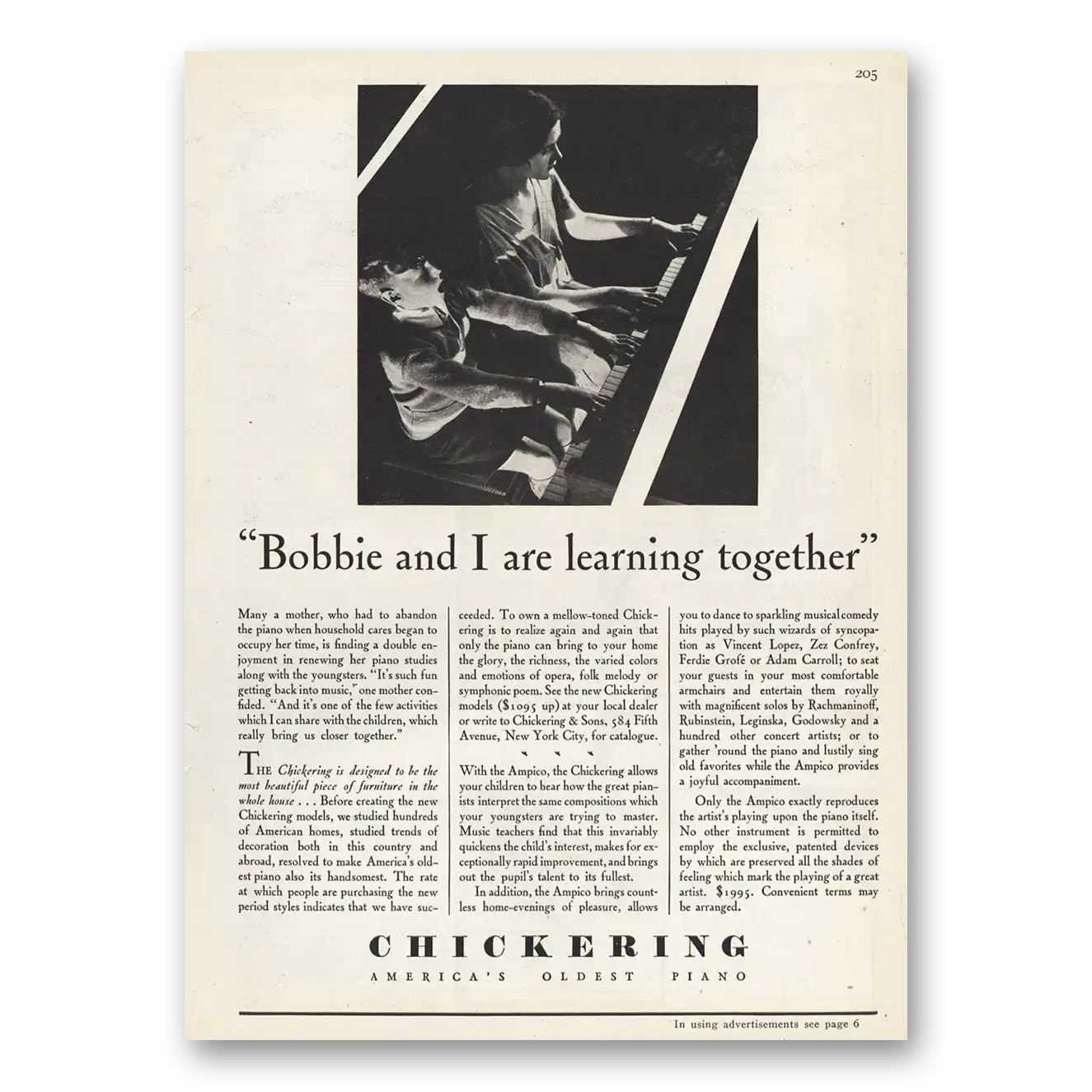 1929 Chickering Piano Bobbie and I Learning Together Vintage Magazine Print Ad