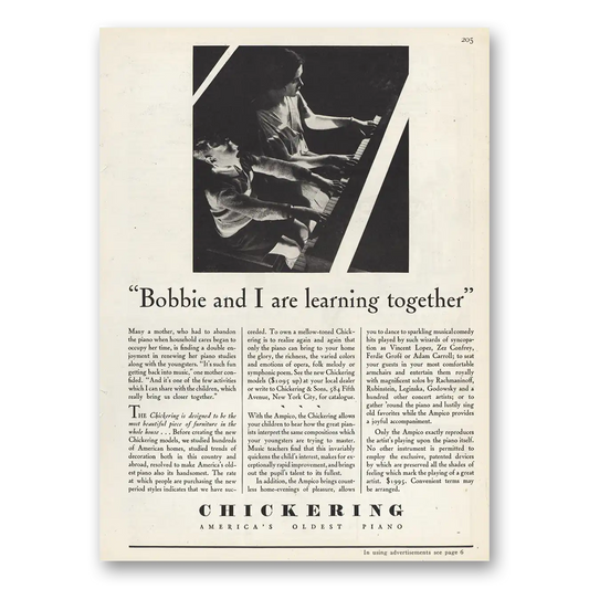 1929 Chickering Piano Bobbie and I Learning Together Vintage Magazine Print Ad