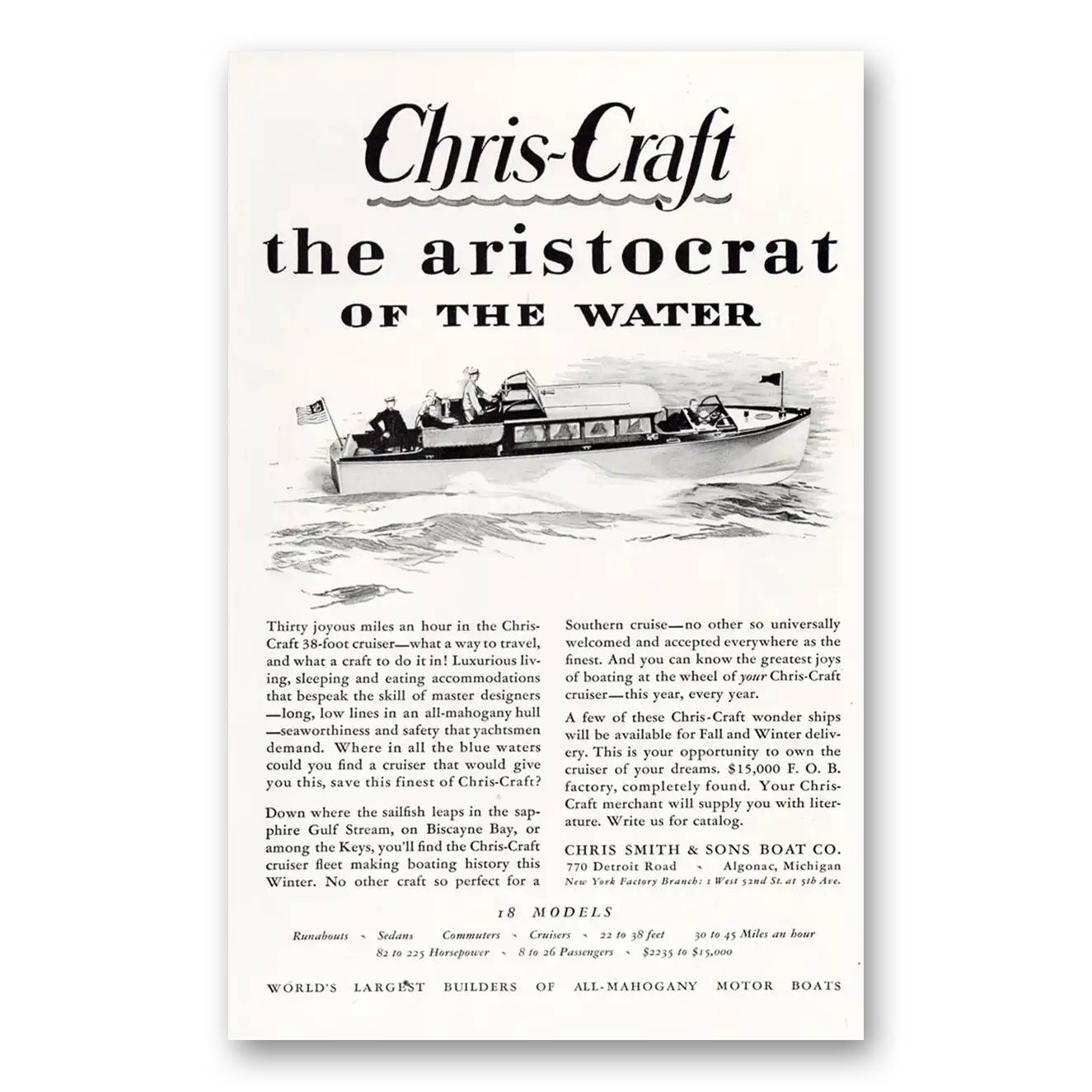 1929 Chris Craft Aristocrat of the Water Vintage Magazine Print Ad