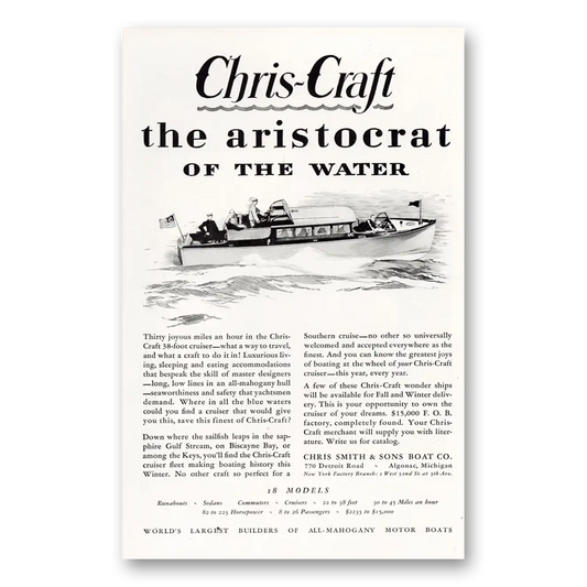 1929 Chris Craft Aristocrat of the Water Vintage Magazine Print Ad