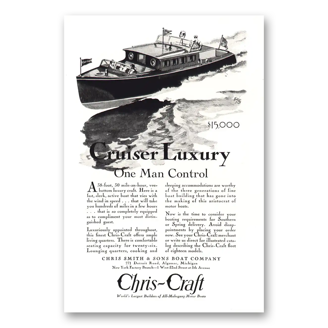 1929 Chris Craft Cruiser Luxury One Man Control Vintage Magazine Print Ad