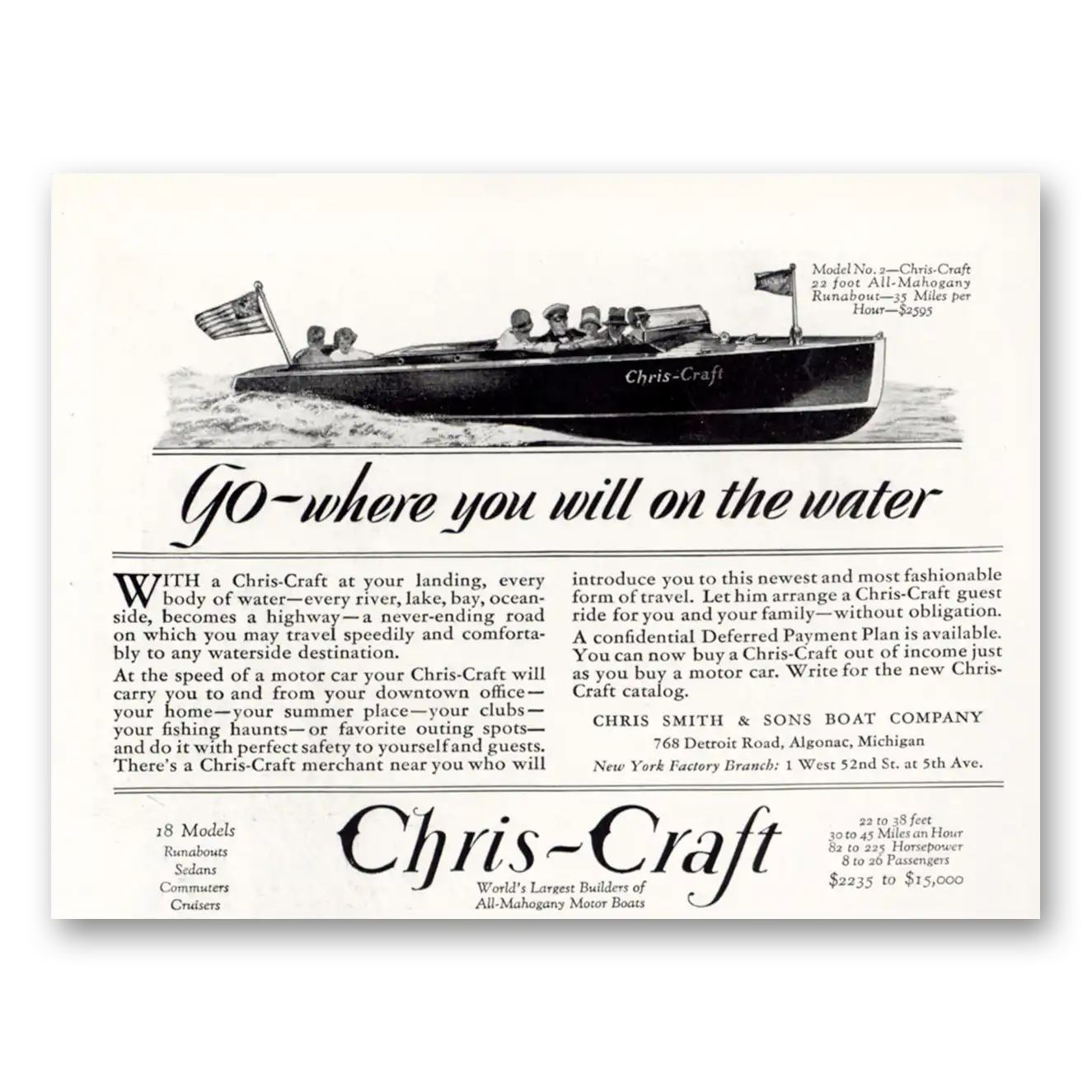 1929 Chris Craft Go Where You Will On the Water Vintage Magazine Print Ad