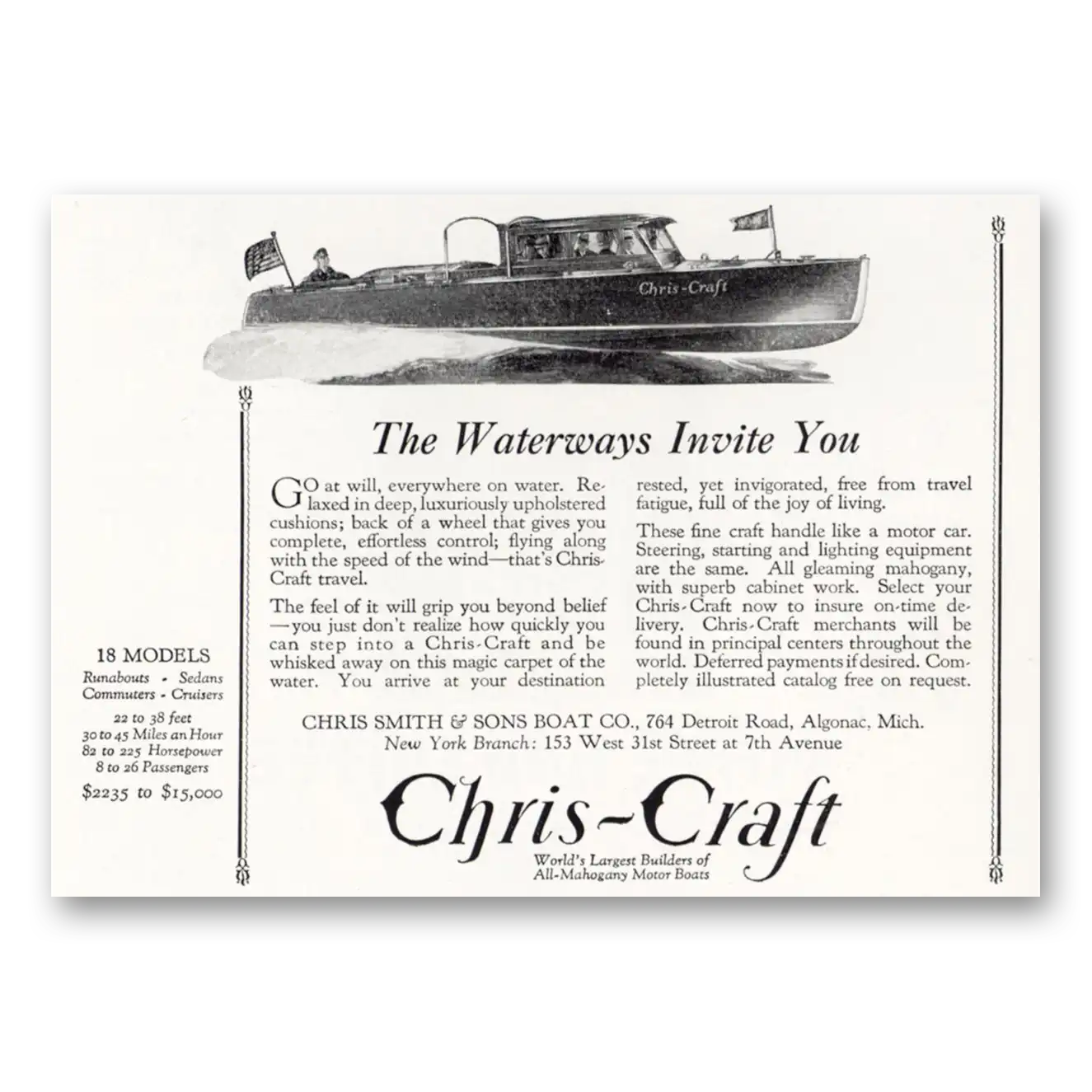 1929 Chris Craft Waterways Invite You Vintage Magazine Print Ad