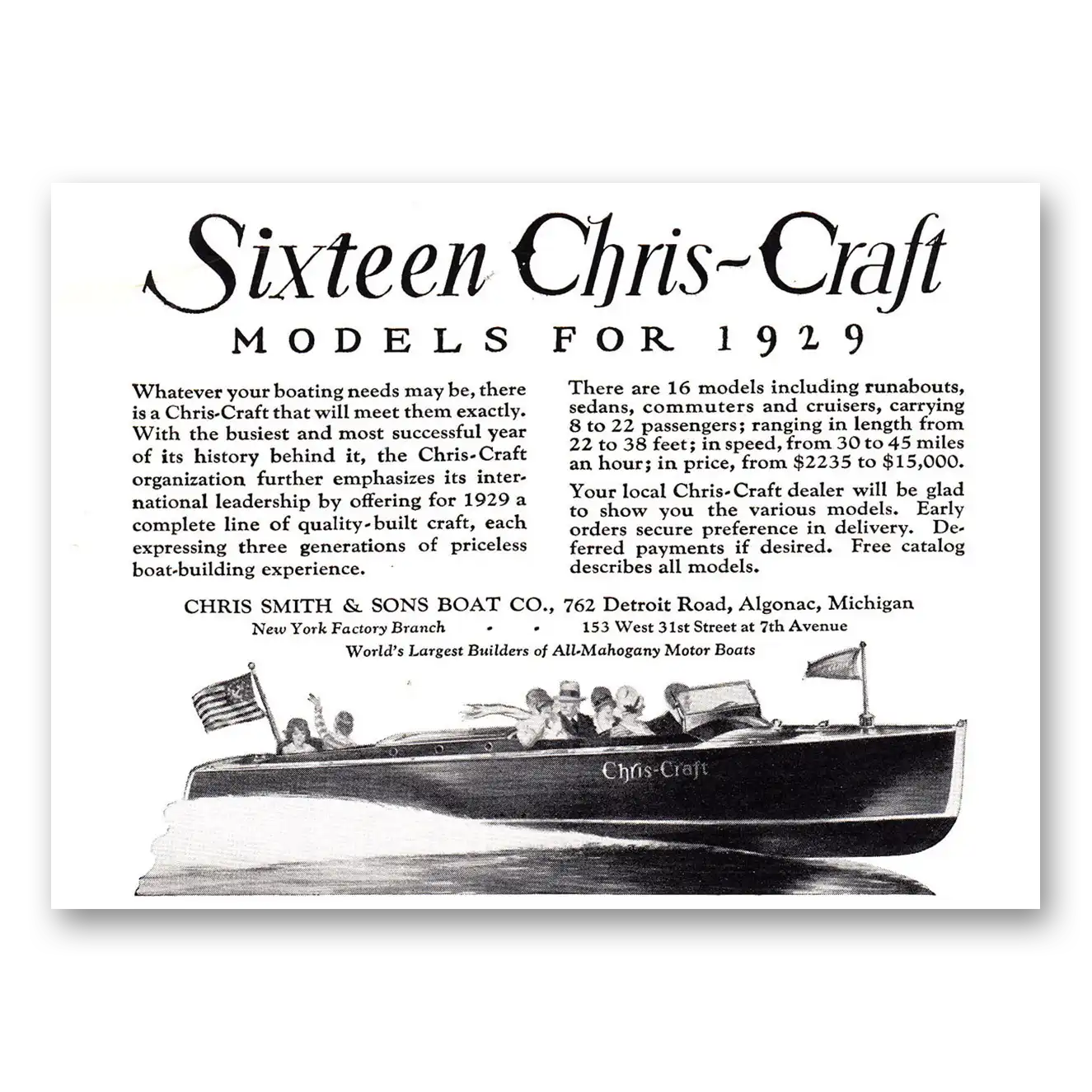 1929 Chris Craft Sixteen Chris Craft Models for 1929 Vintage Magazine Print Ad